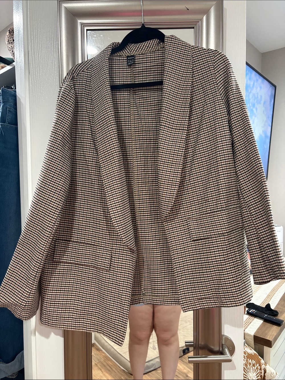 SHEIN Brown and Black Checked Open-Front Blazer